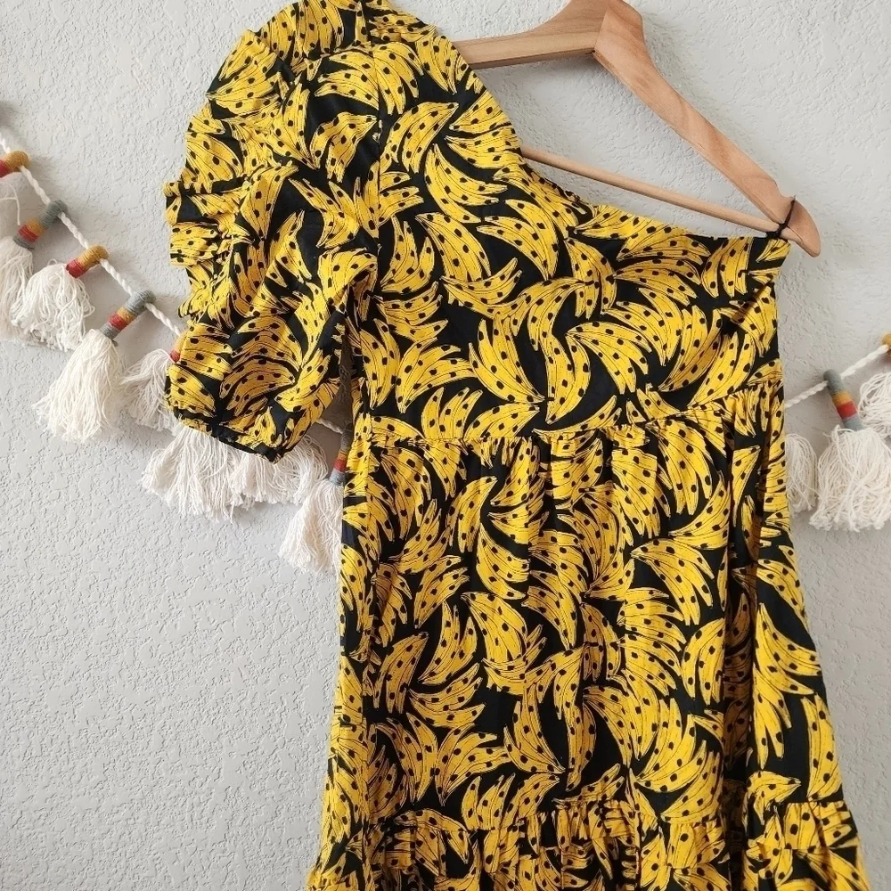 Farm Rio Spotted Bananas Puff One Shoulder Tiered Ruffle Midi Dress Beach S - Picture 9 of 13